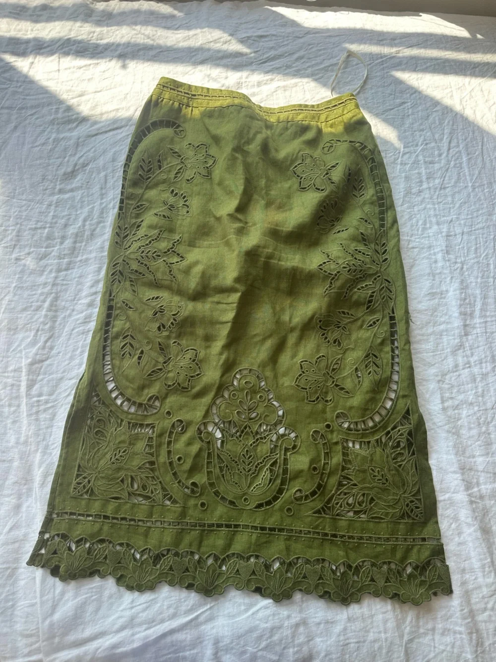 FARM Rio 100% Linen Olive Green Cutwork Midi Skirt - Picture 2 of 10